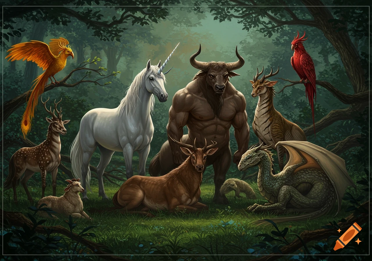 A group of mythical creatures including a unicorn, minotaur, phoenix, and dragon gathered in a dark, lush forest.
