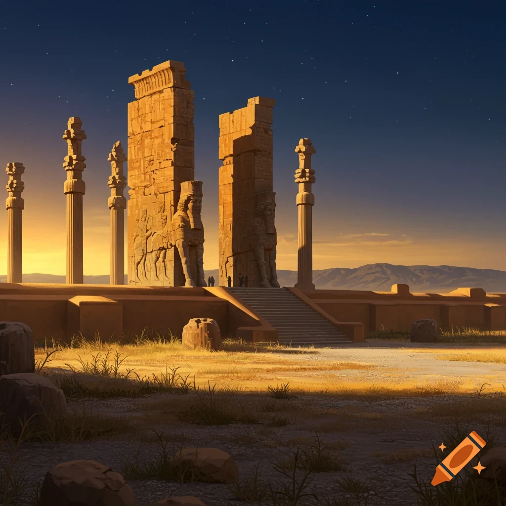 Ancient ruins of Persepolis with tall stone columns and walls against a dramatic sunset and starry sky.