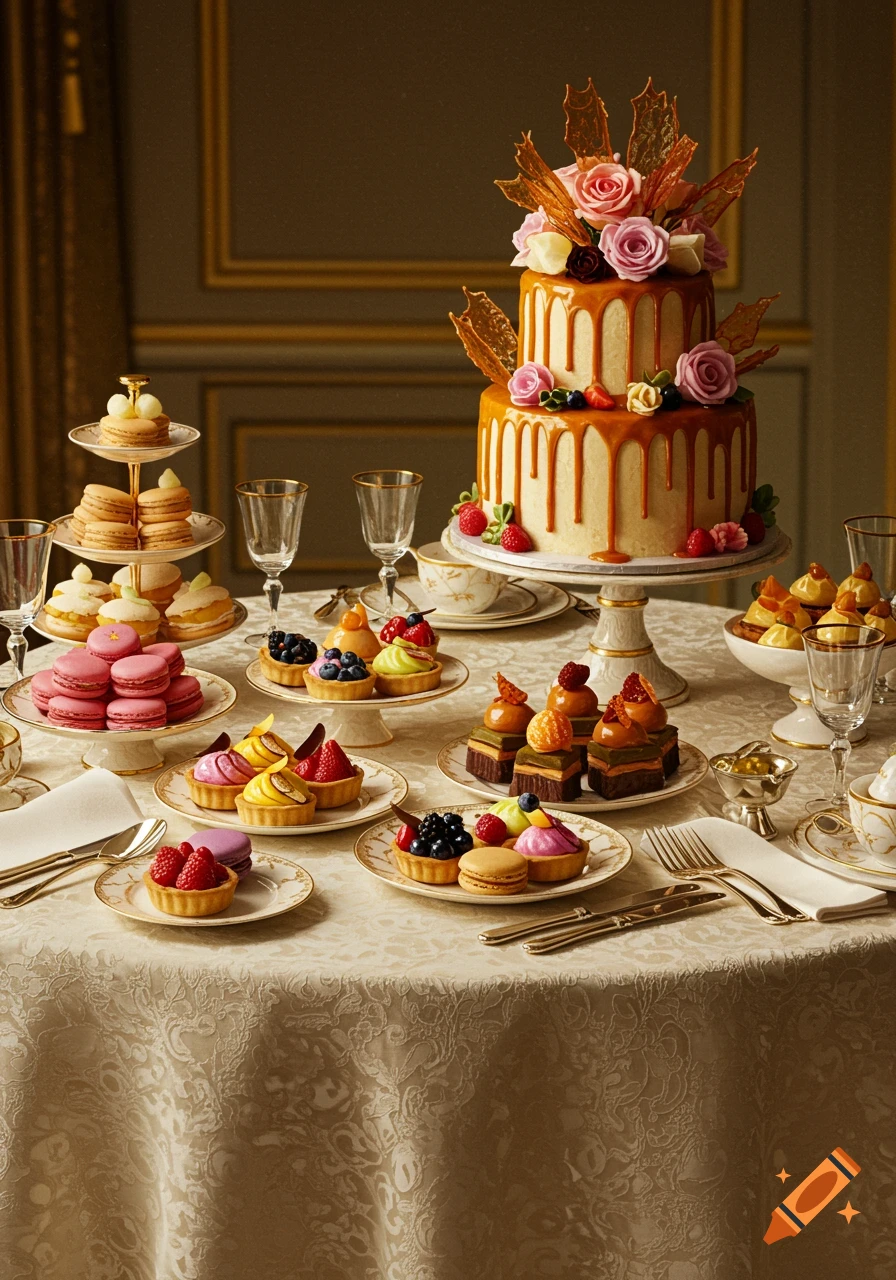 A lavish table spread with various elegant desserts, including a two-tiered caramel drip cake, macarons, and fruit tarts, in a luxurious setting.