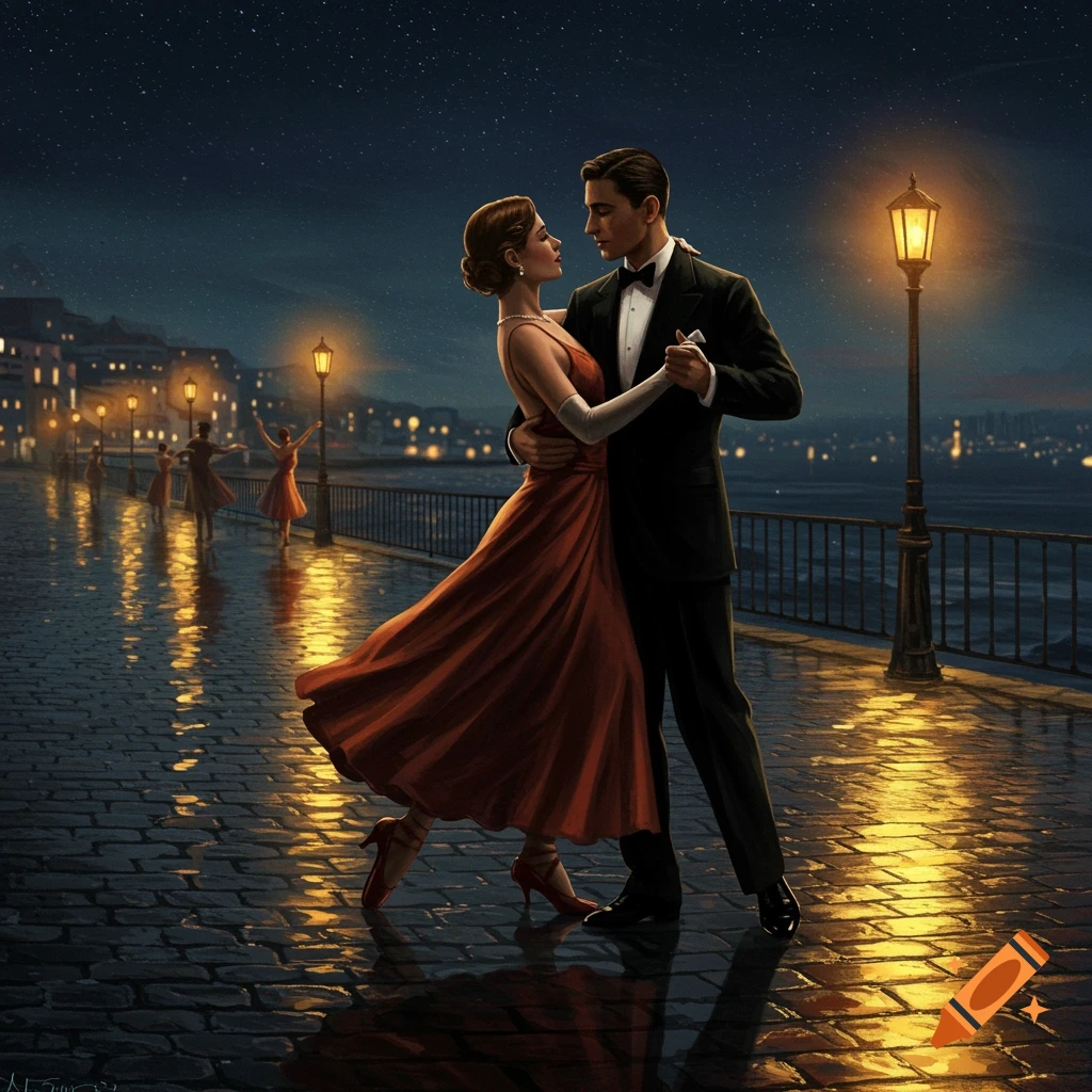 A couple dances on a wet cobblestone pier at night, illuminated by streetlights and reflections, with distant city lights.