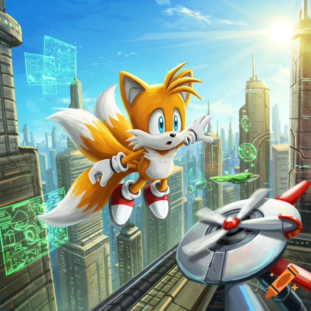 Tails, the yellow fox character, flies through a futuristic city with tall buildings and glowing screens, under a bright blue sky.