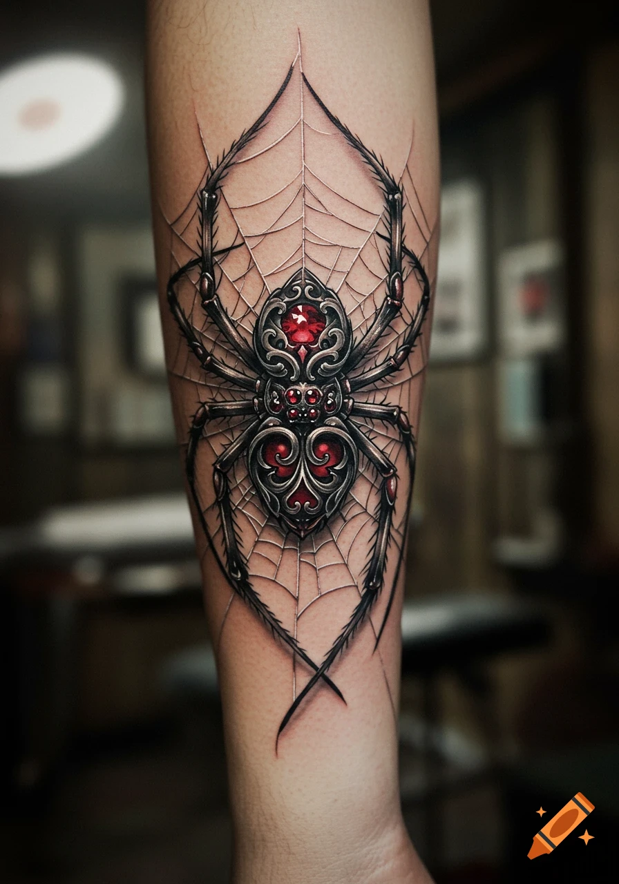 An ornate black and silver spider tattoo with red jewels on a person's arm, featuring a spider web background.