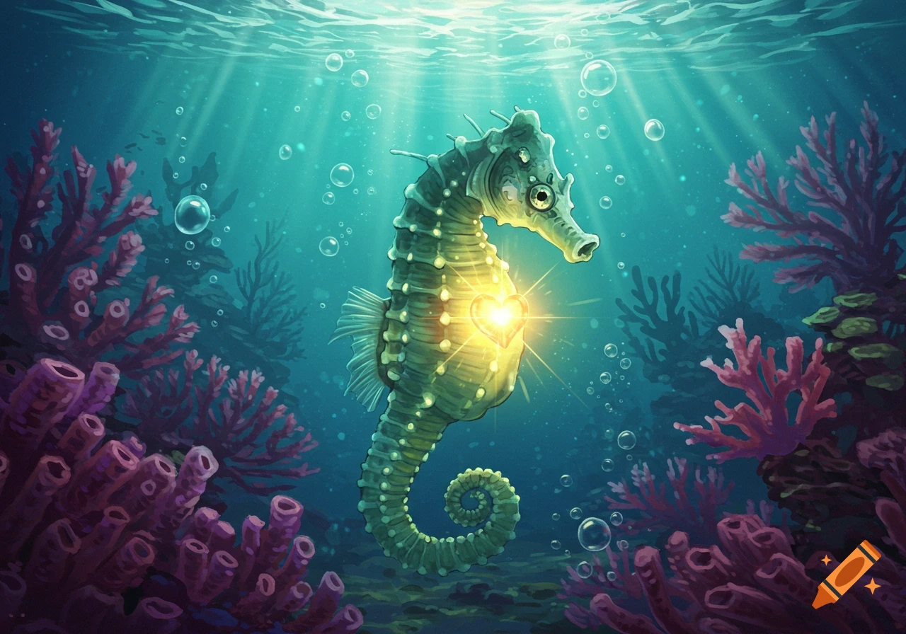 A cute green seahorse with a glowing heart on its chest, swimming among colorful coral in sunlit water.