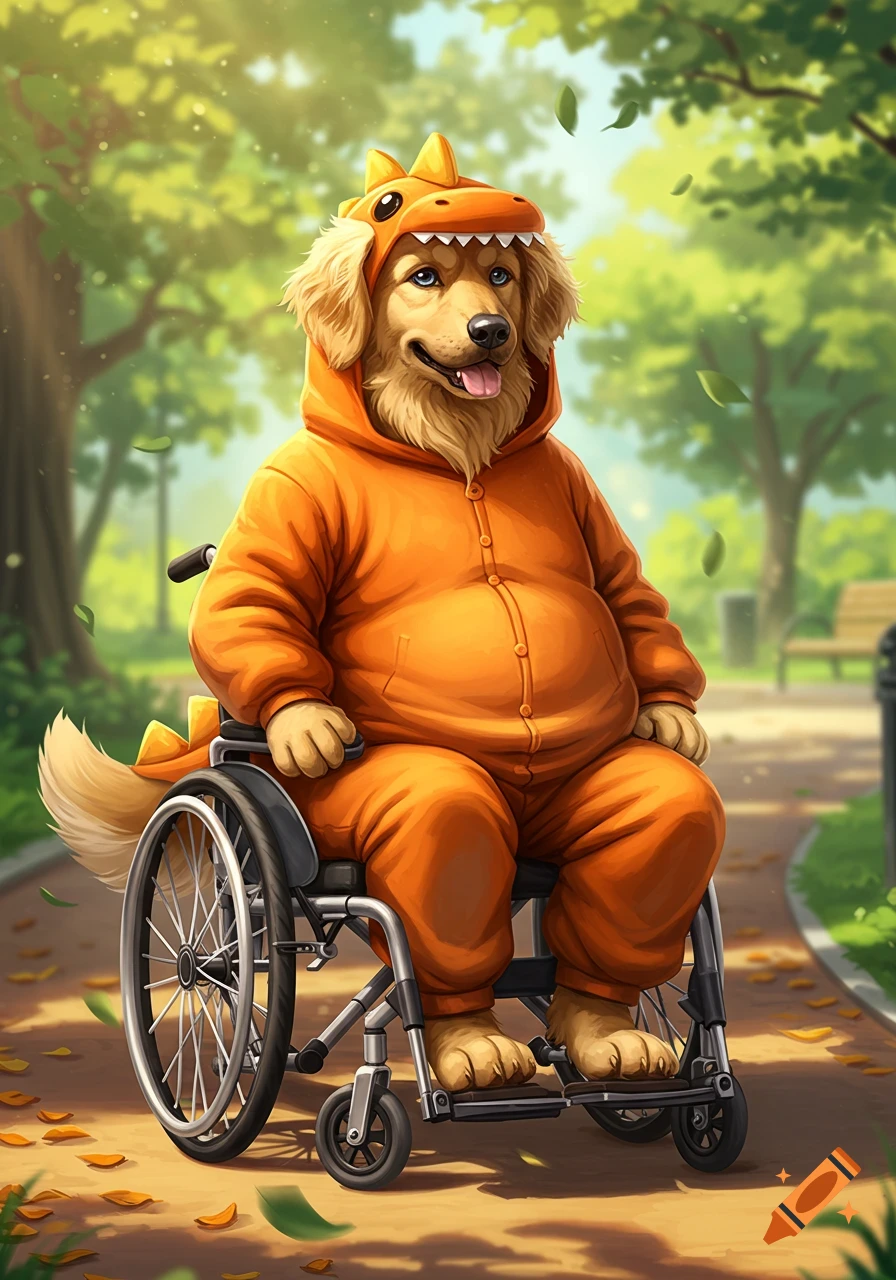 An anthropomorphic golden retriever in an orange dinosaur onesie sits in a wheelchair on a park path.