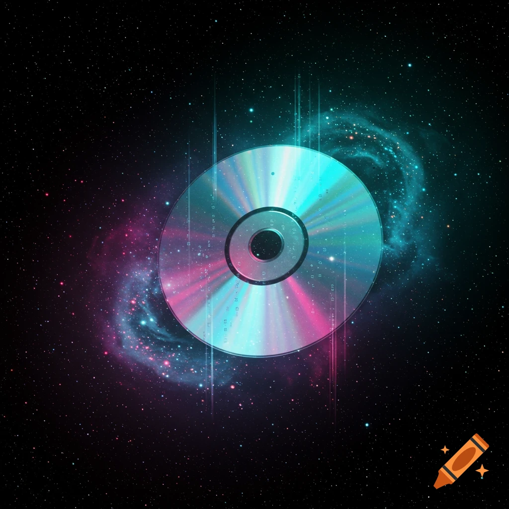 A vibrant iridescent compact disc floats in outer space with pink and teal nebulas and stars.