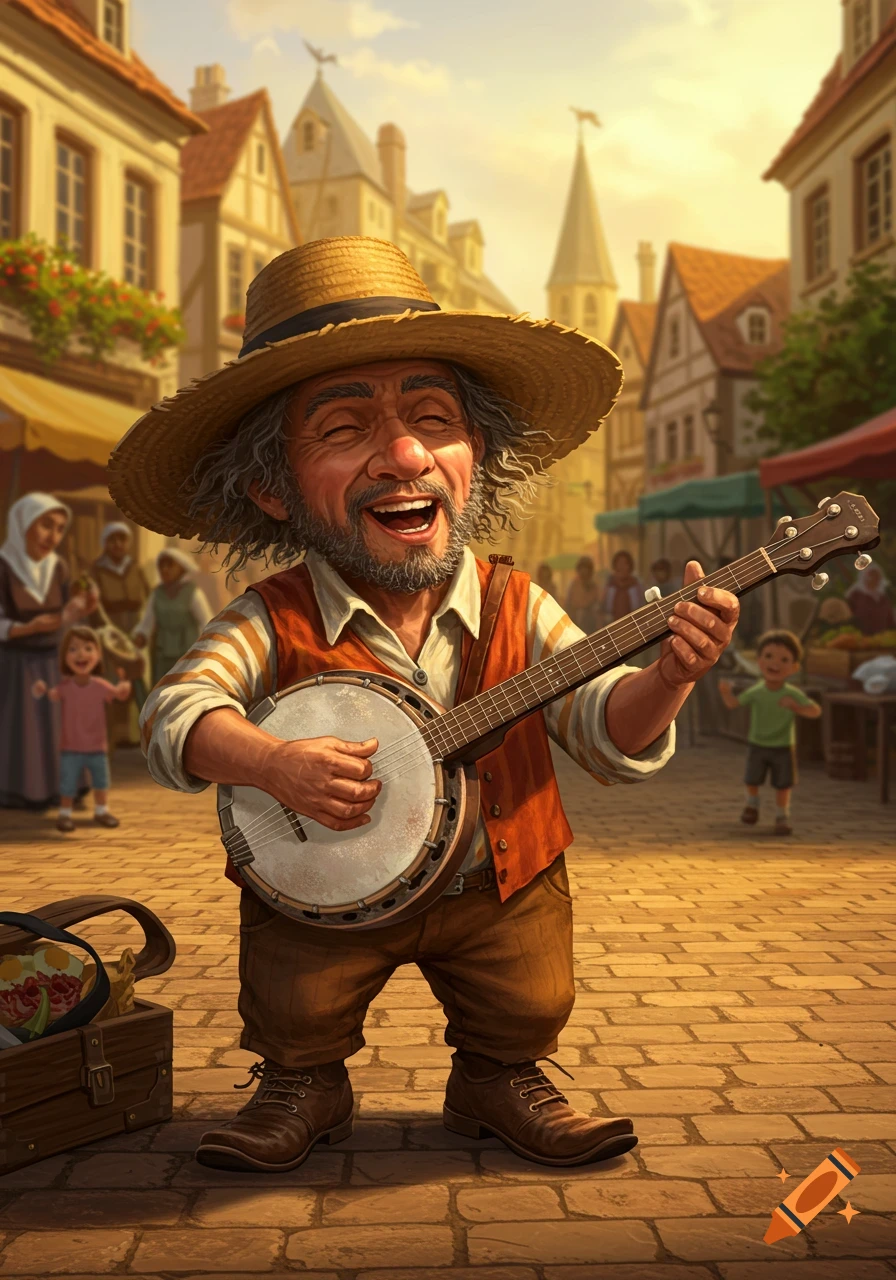 A joyful, short, bearded man in a straw hat plays a banjo on a cobblestone street in a sunny, stylized village scene.