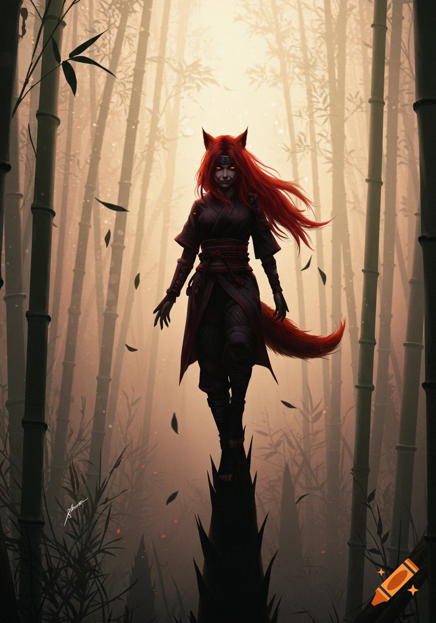 Red-haired kunouichi with fox ears and tail in dark ninja attire, standing on a bamboo shoot in a misty bamboo forest.