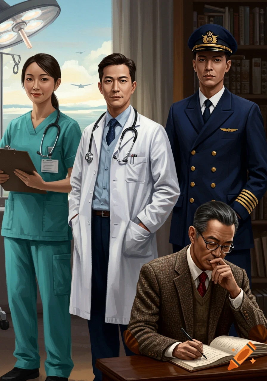An illustration of four Asian professionals: a female nurse, a male doctor, a male pilot, and an older male professor writing at a desk.