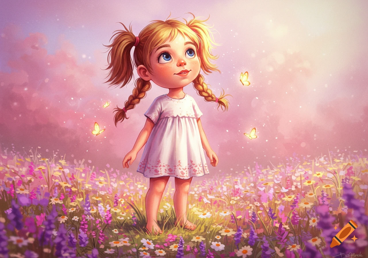 A cute cartoon girl with blonde pigtails in a white dress stands in a field of colorful wildflowers, looking up at glowing butterflies.