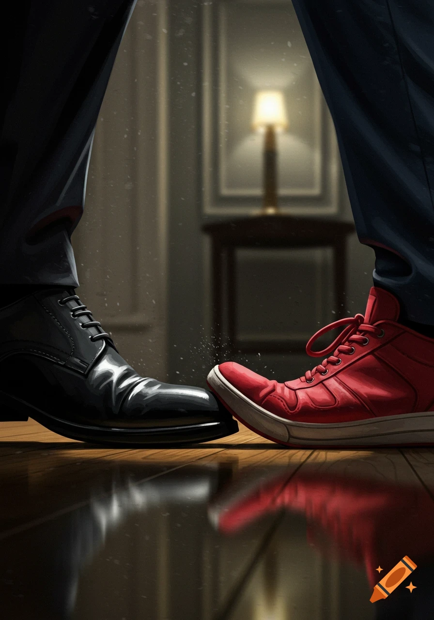 Close-up of a red sneaker pushing against a black dress shoe on a shiny wooden floor indoors.