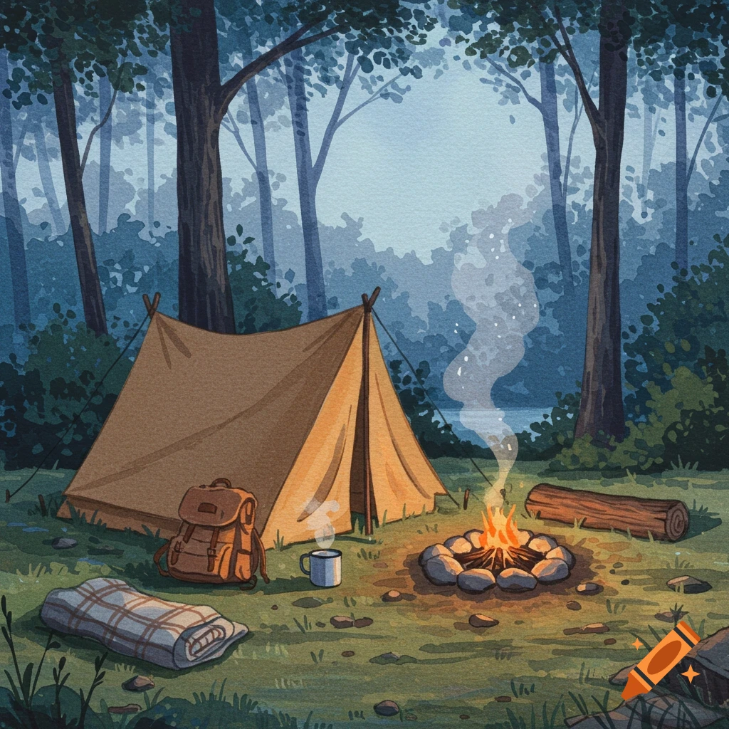 A serene watercolor illustration of a camping scene in a forest with a brown tent, a lit campfire, backpack, and blanket.