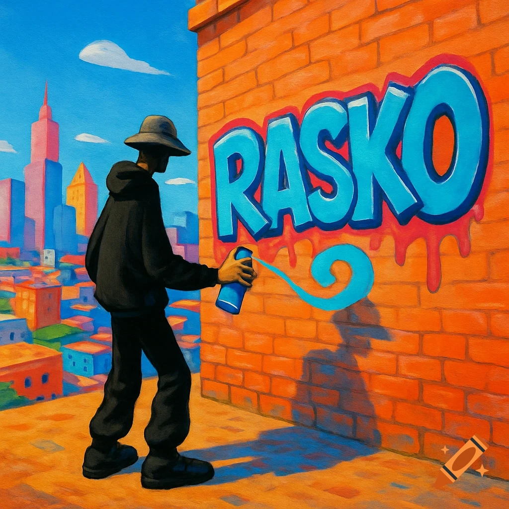 A person in baggy clothes and a hat spray-paints "RASKO" in blue bubble letters on an orange brick wall in a vibrant, cartoon-style urban landscape.