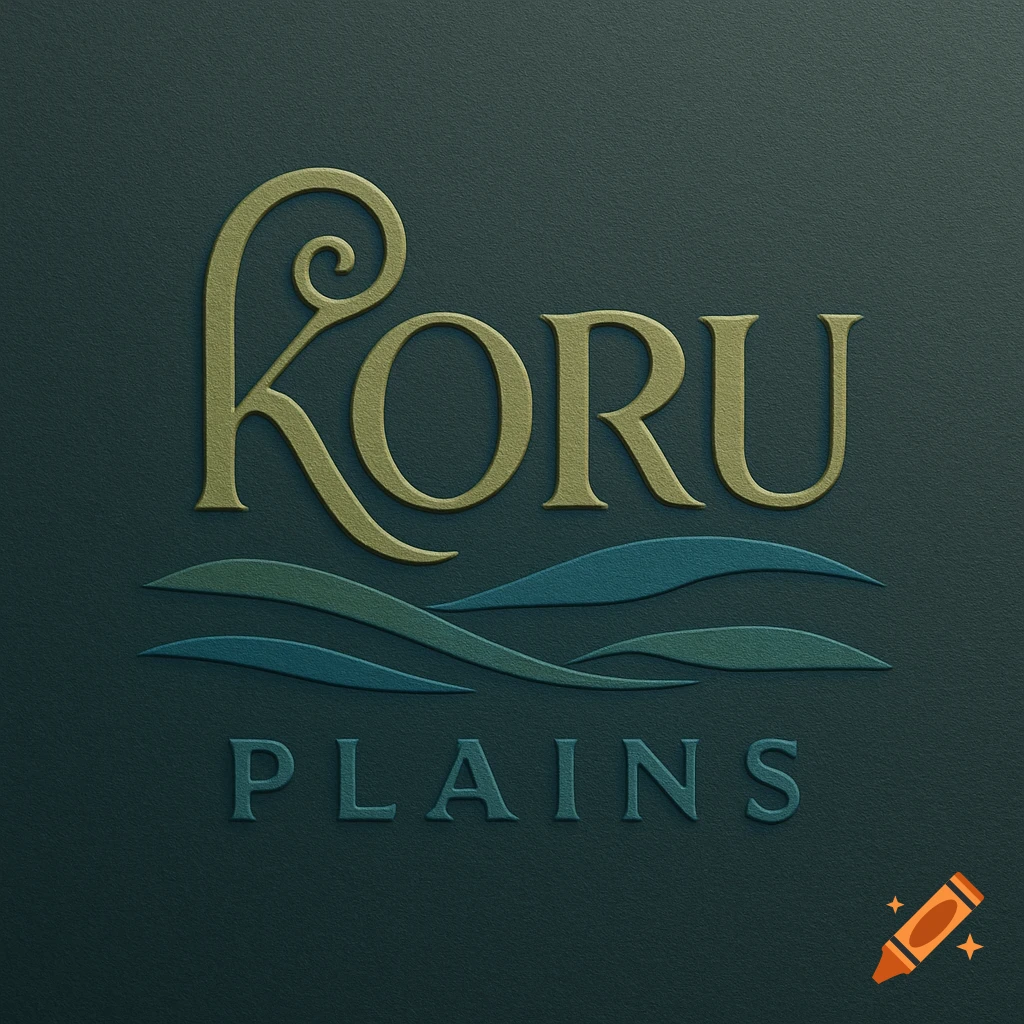 Embossed logo for KORU PLAINS with green and gold text and blue-green wave elements on a dark teal background.