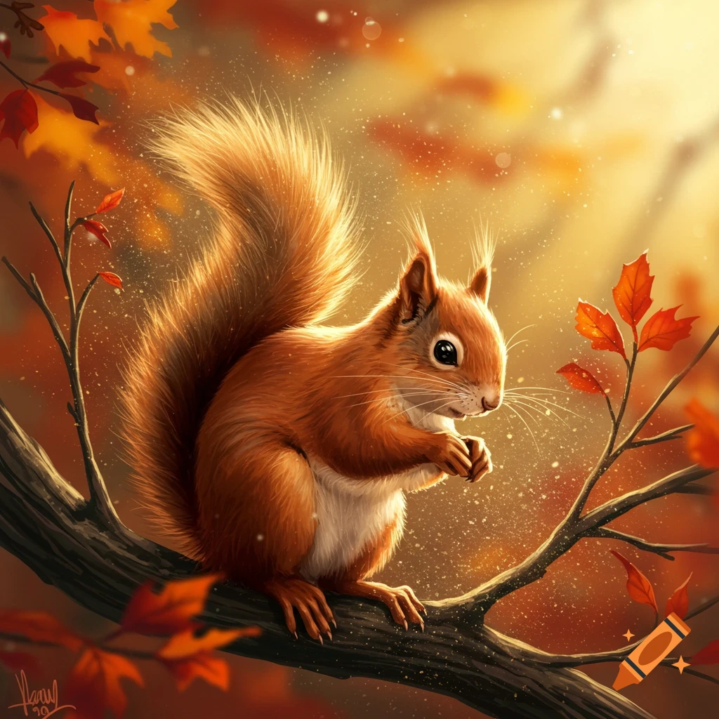 A detailed, bright illustration of a red squirrel perched on a tree branch, surrounded by glowing golden and orange autumn leaves.