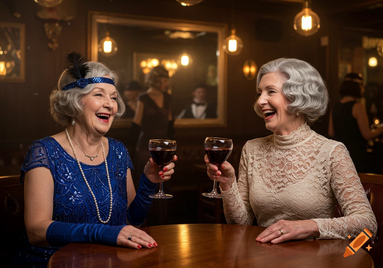 Two elderly women in 1920s attire laugh while toasting with wine glasses in a vintage-style bar.