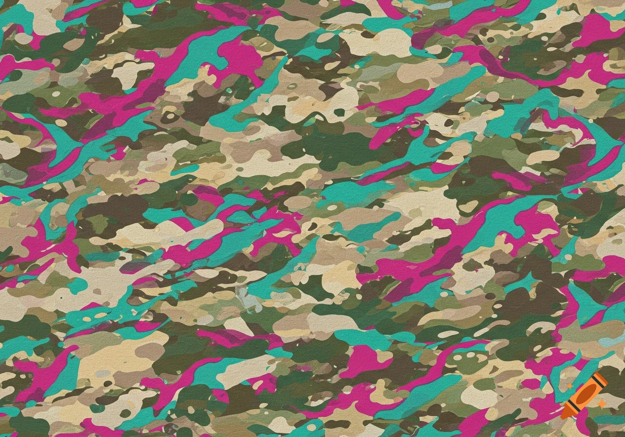 A colorful camouflage pattern with abstract shapes in green, brown, beige, teal, and hot pink.