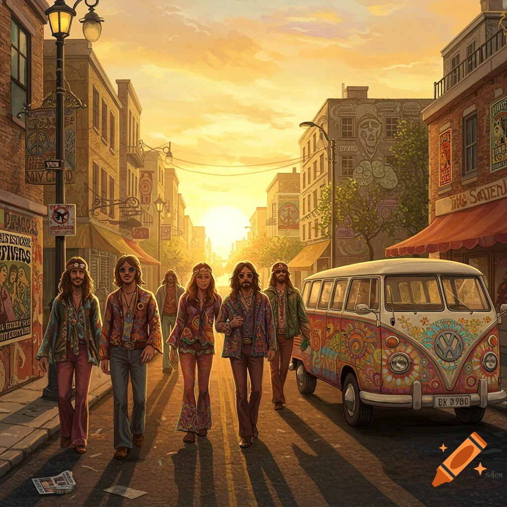 A group of people in 1960s hippie attire walk down a city street at sunset, alongside a colorful, decorated Volkswagen bus.