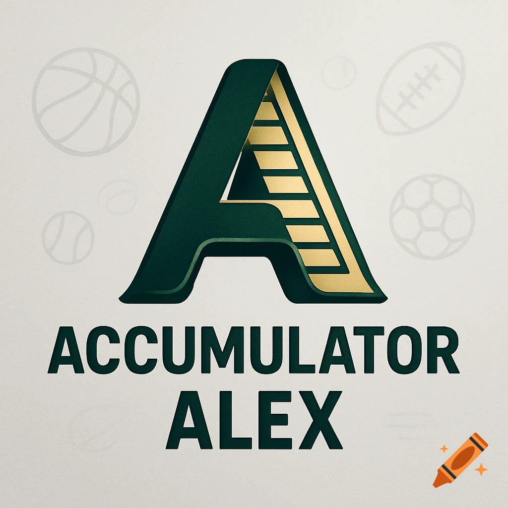 A green and gold stylized letter A logo with the words "ACCUMULATOR ALEX" below it, on a light background with faint sports ball outlines.
