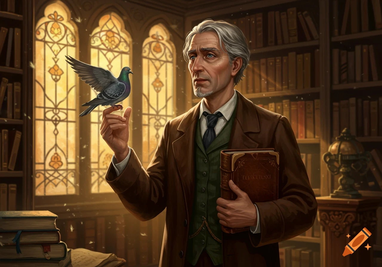 An elderly man with grey hair holds a pigeon on one hand and a large book in the other, standing in a magical, dimly lit library with stained glass windows.