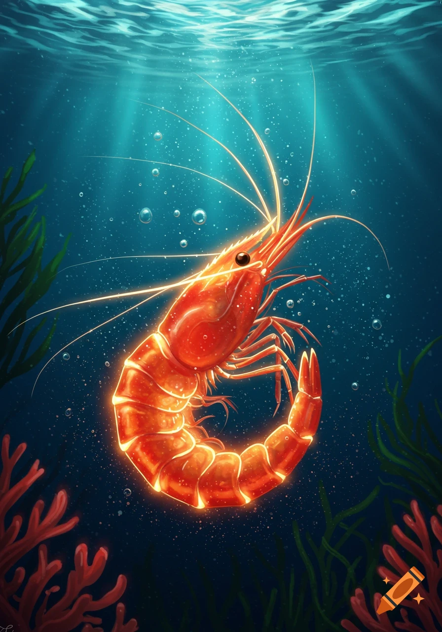 A vibrant illustration of a glowing orange shrimp swimming in deep blue water with light rays filtering from the surface.