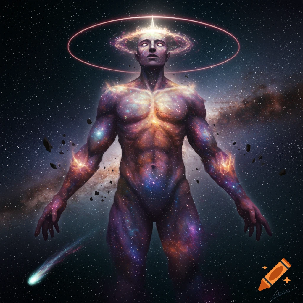 A muscular cosmic figure composed of stars and galaxies stands in outer space, with a glowing halo and a comet nearby.