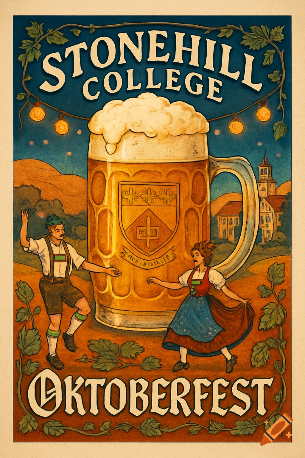 A vintage-style poster for Stonehill College Oktoberfest, featuring a giant beer mug, a man and woman in traditional German attire dancing, and a village in the background.