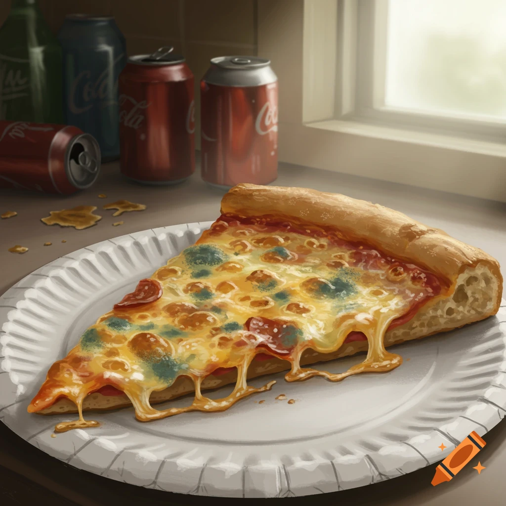 A close-up of a moldy pizza slice on a paper plate, with blurry soda cans and a window in the background.