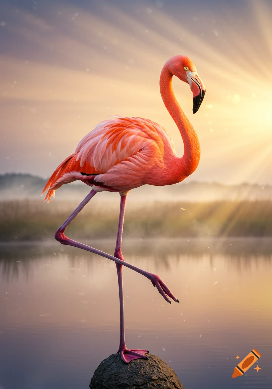 A vibrant pink flamingo stands on a rock in calm water at sunset.