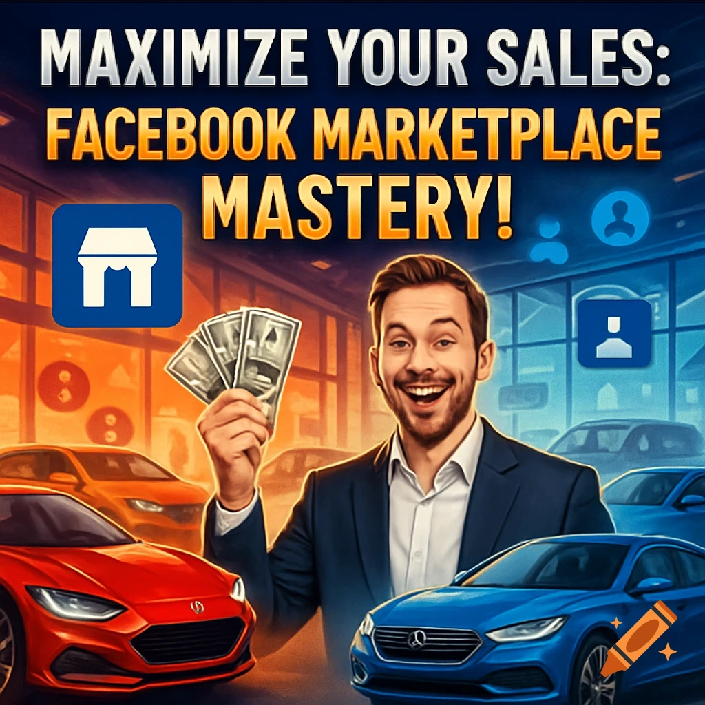Man in suit holding cash at car dealership. Text: 'MAXIMIZE YOUR SALES: FACEBOOK MARKETPLACE MASTERY!' with app icons.