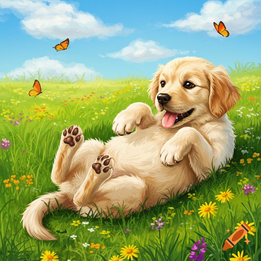 A happy golden retriever puppy lies belly up in a green field with wildflowers and butterflies under a blue sky, illustrated.