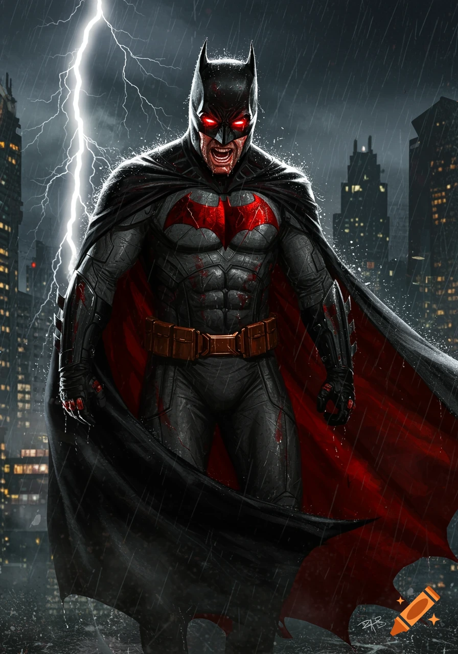 A gritty illustration of Batman with glowing red eyes, red bat symbol, and an angry expression, standing in the rain with lightning in a dark city.