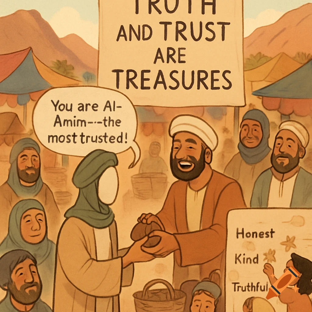 An illustration of a marketplace scene with people in traditional clothing. A central figure with a blank face receives an item from a smiling man. Above, a sign reads "Truth and Trust are Treasures". A speech bubble says, "You are Al-Amim---the most trusted!".