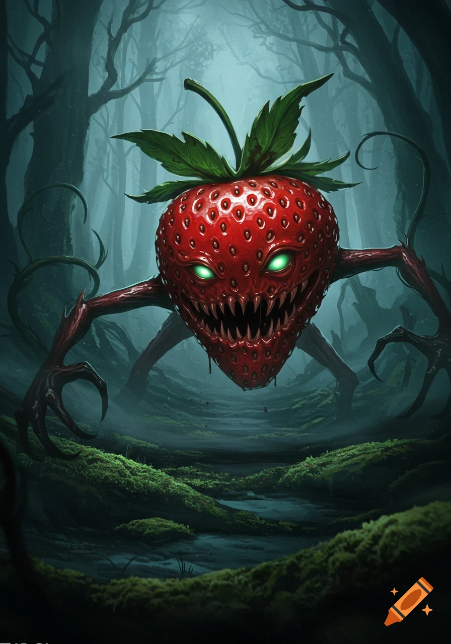 A creepy, red strawberry monster with glowing green eyes and sharp teeth stands in a dark, misty forest.