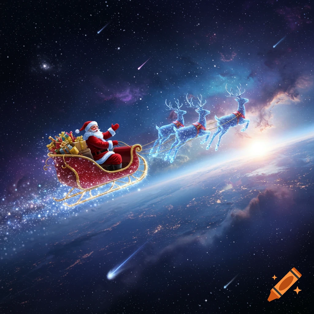 Santa Claus in his sleigh pulled by glowing reindeer, flying over a glowing Earth in a starry space with shooting stars.