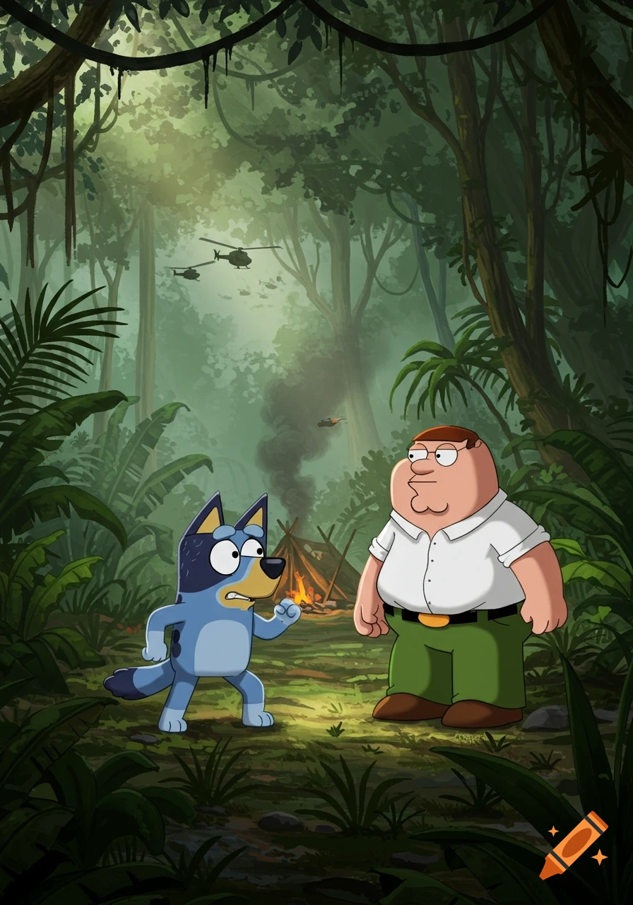 Cartoon characters Bluey and Peter Griffin stand in a lush jungle with military helicopters flying above and a small burning structure in the background.