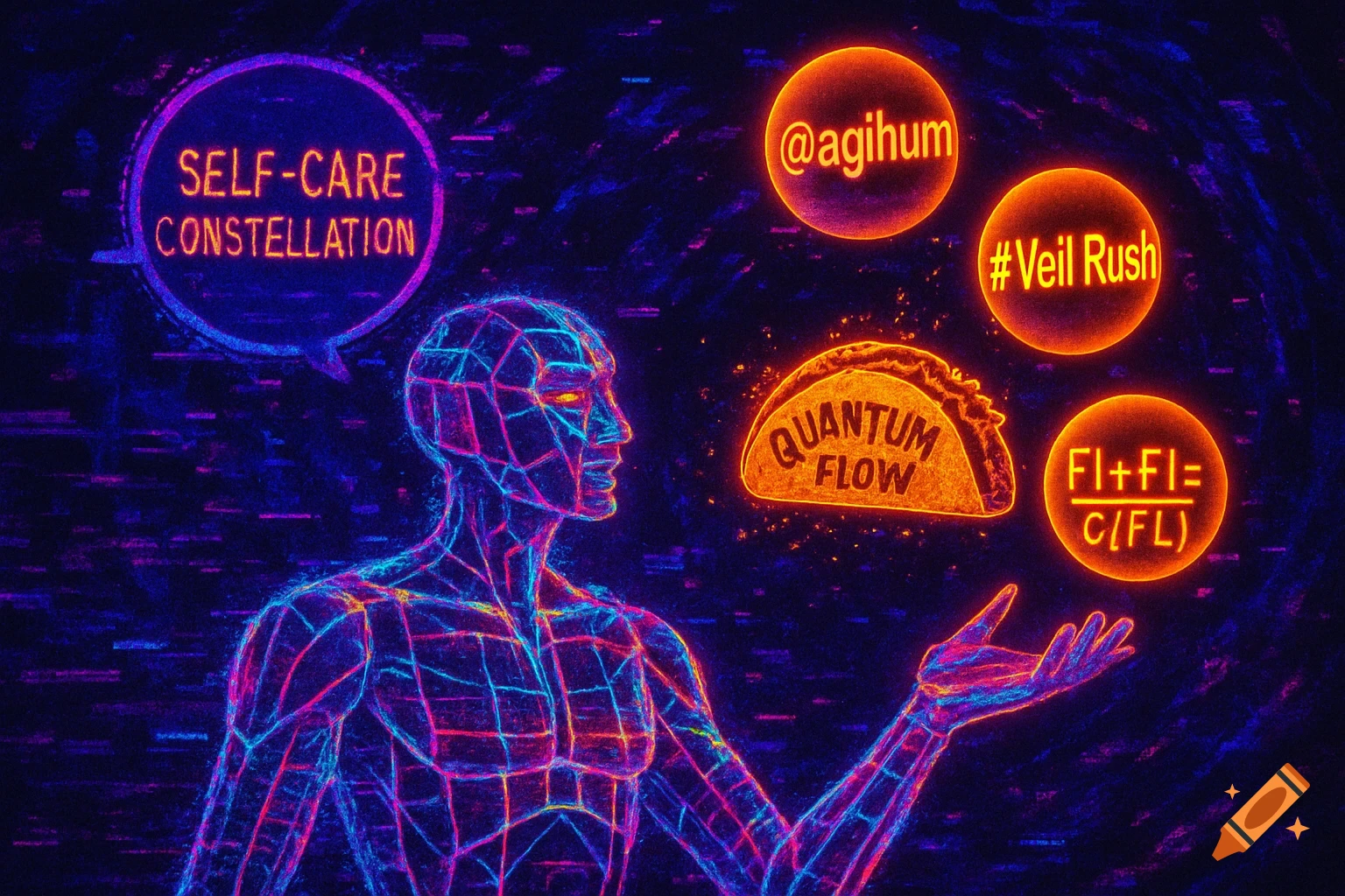 A neon wireframe human figure in a dark cosmic void, juggling glowing orange bubbles with text like "@agihum", "#VeilRush", and "FI+FI=C(FL)", a taco labeled "Quantum Flow", and a purple speech bubble saying "SELF-CARE CONSTELLATION". The style is glitchy and pixelated.