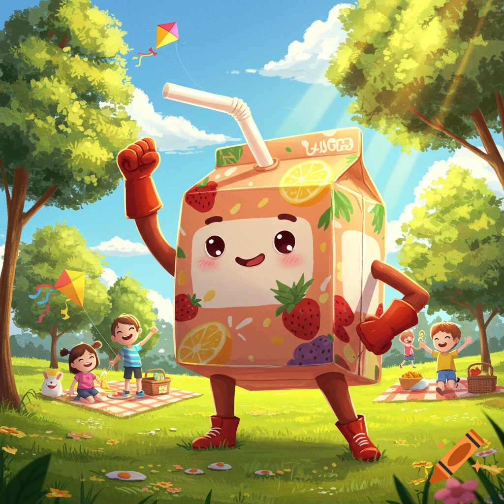 A cheerful, giant cartoon juice box character stands in a sunny park with children playing and kites flying.