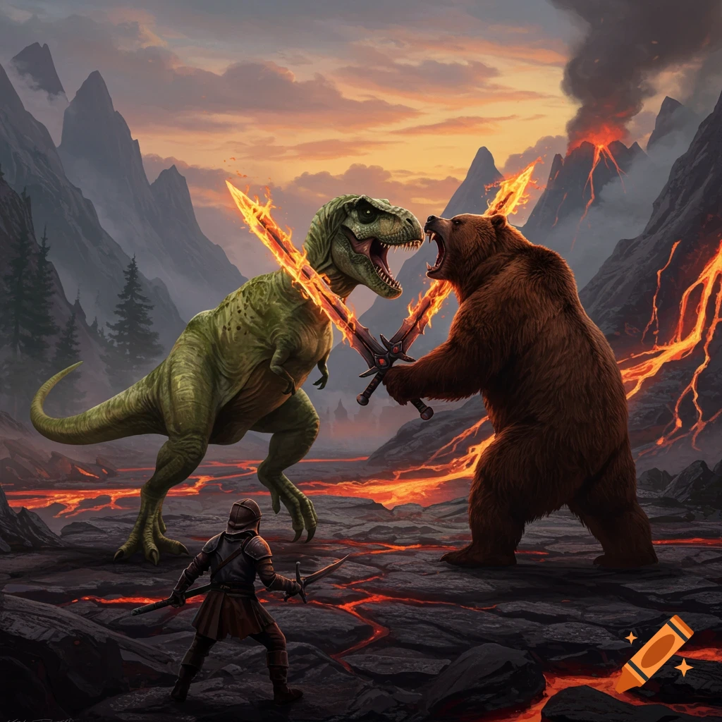 A T-Rex and a bear, both wielding flaming swords, battle in a volcanic landscape as a knight watches.