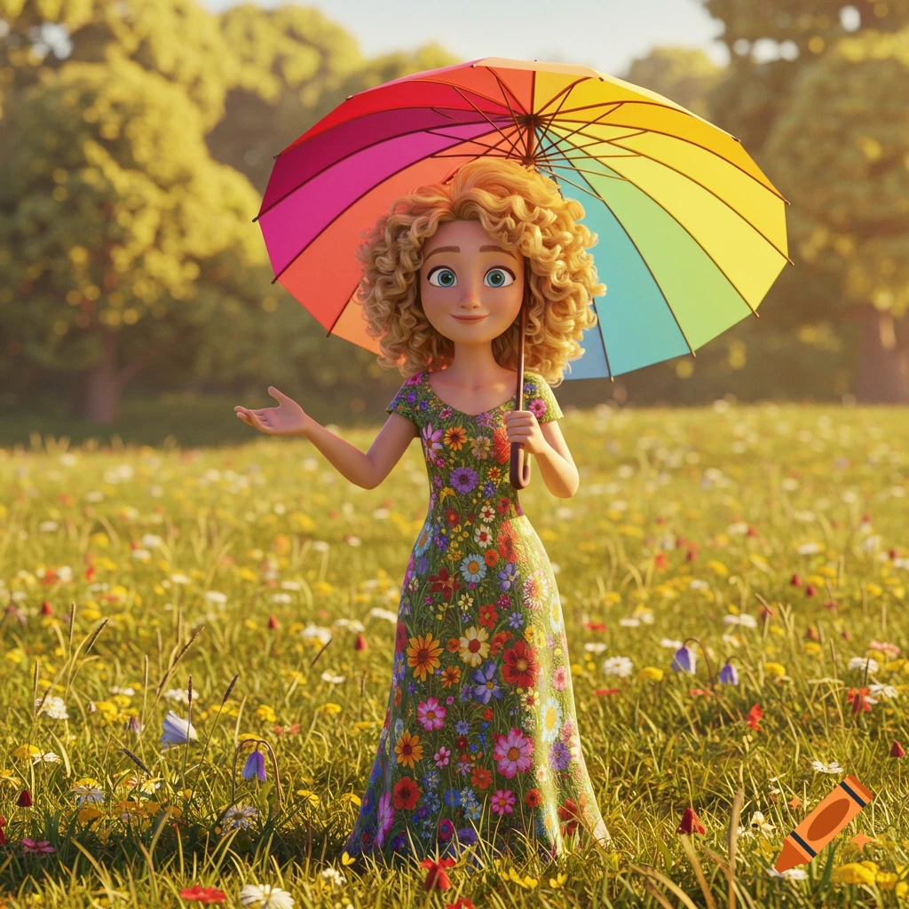 A smiling 3D animated woman with curly hair holds a colorful rainbow umbrella while standing in a sunny field of wildflowers.