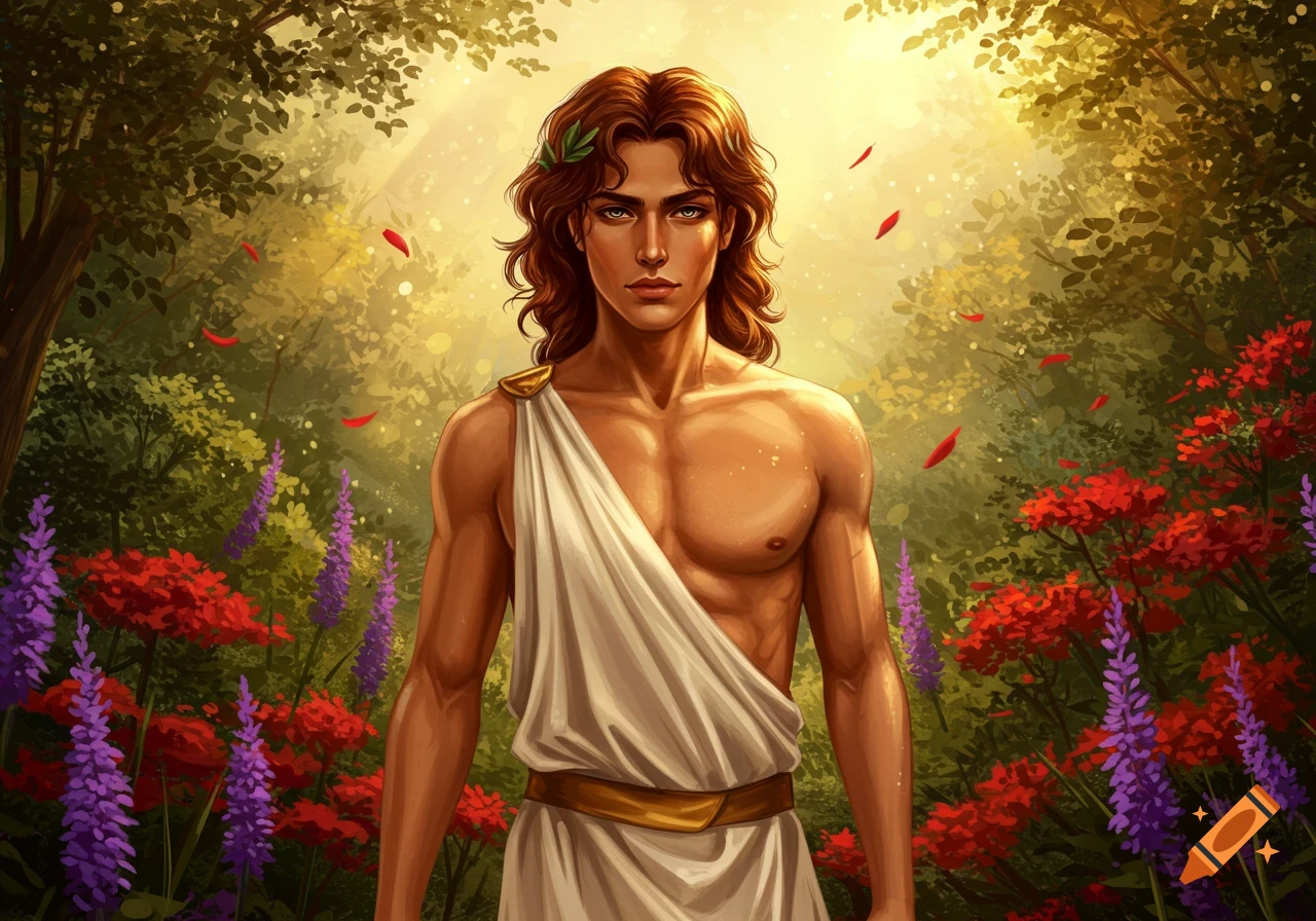An artistic illustration of a muscular man with long brown hair and a toga standing in a lush garden with colorful flowers, bathed in golden light.