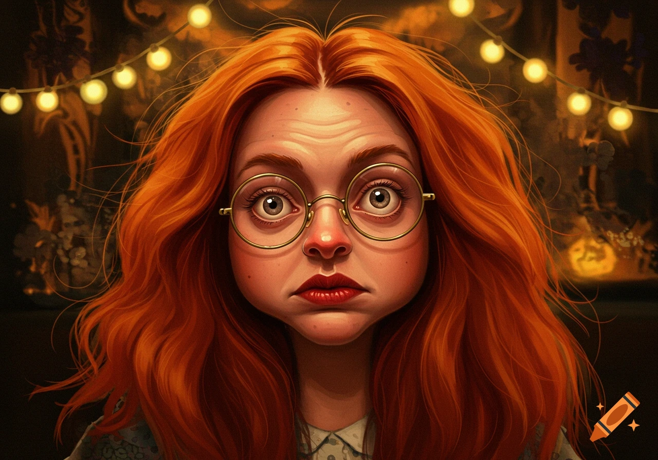 Stylized illustration of a wide-eyed woman with bright red hair, round glasses, a large forehead, and crossed eyes, with string lights in the background.