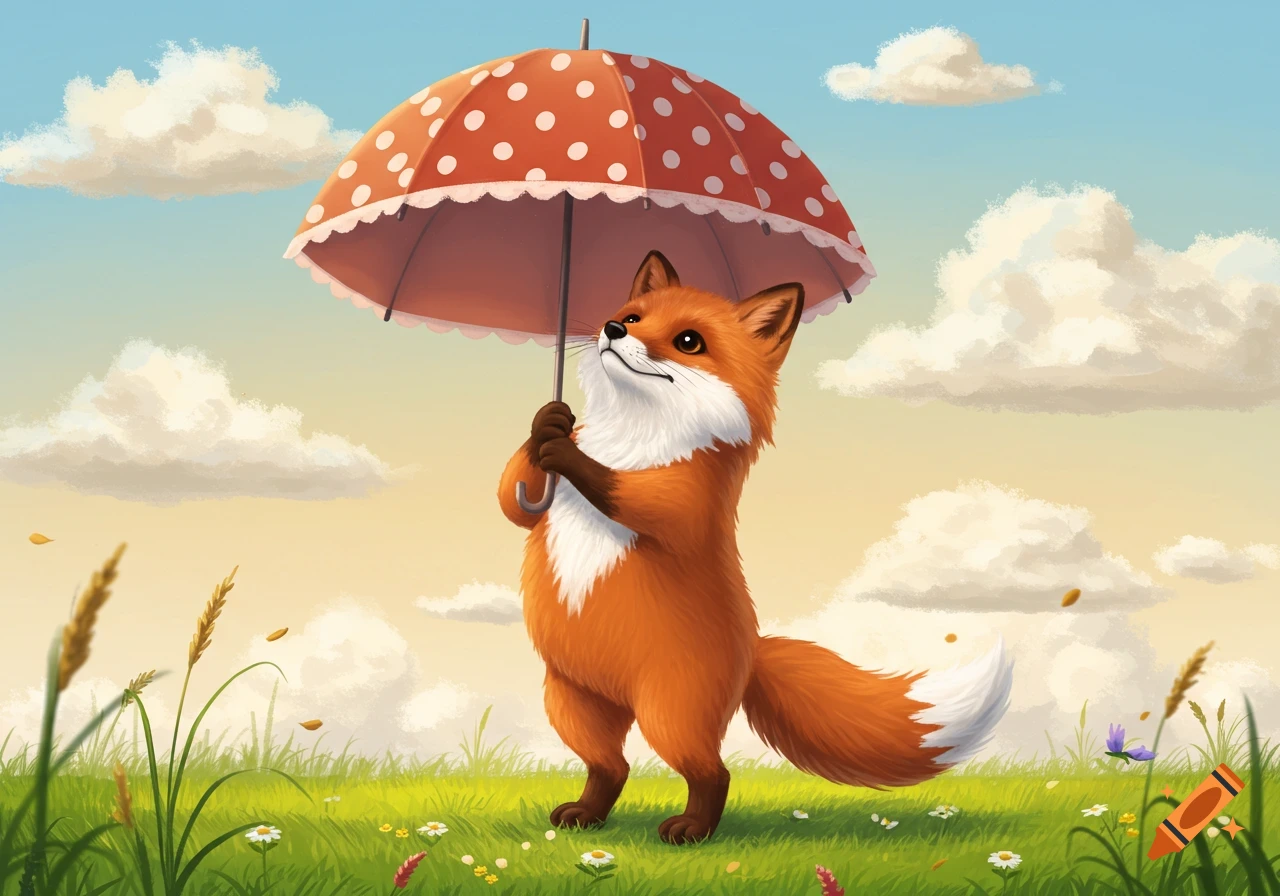A cute red fox stands in a grassy field, holding a red polka-dotted umbrella and looking up at the sky.