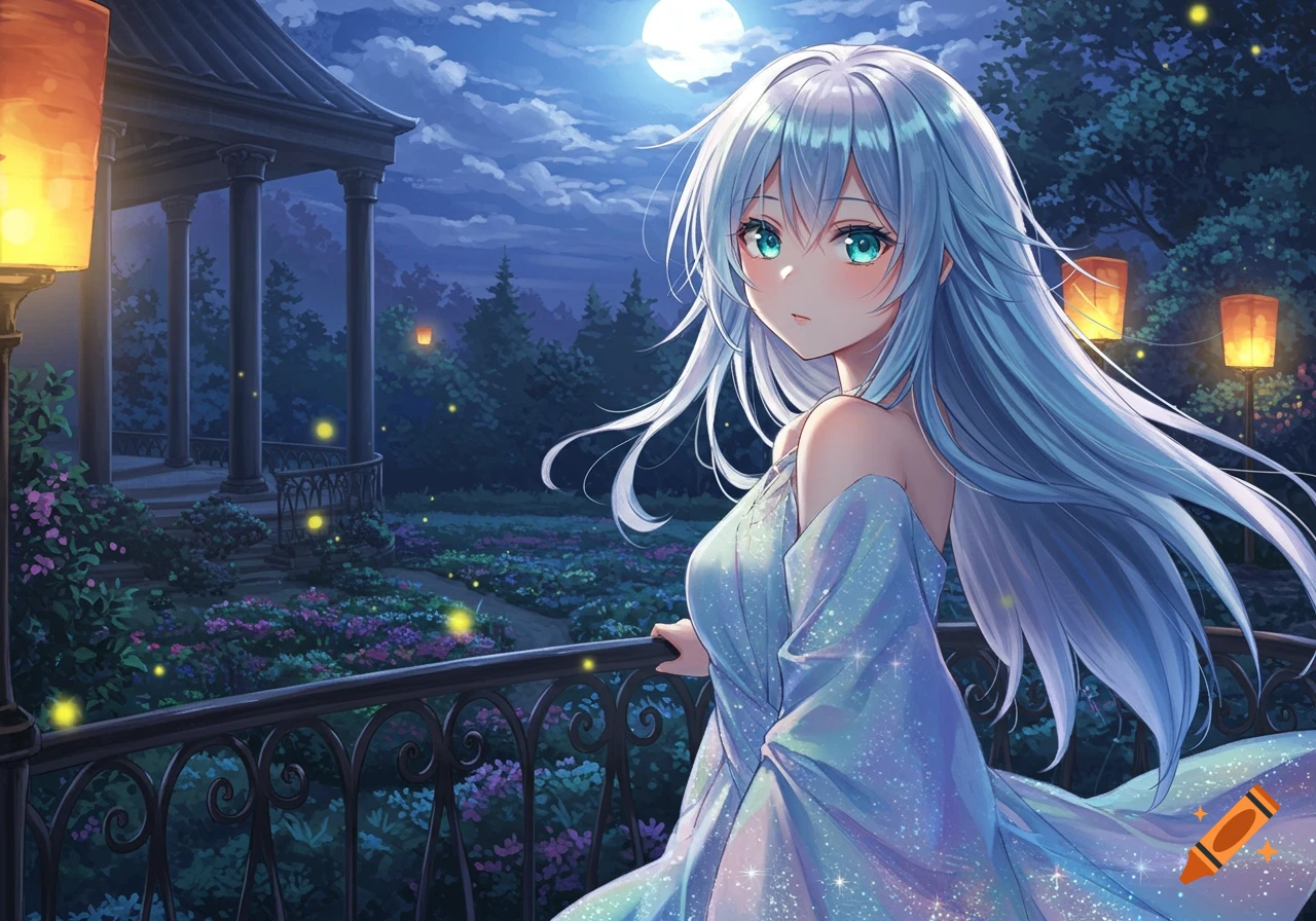 Anime girl with long blue hair and teal eyes in a sparkling blue dress on a balcony overlooking a moonlit garden with a gazebo and fireflies.
