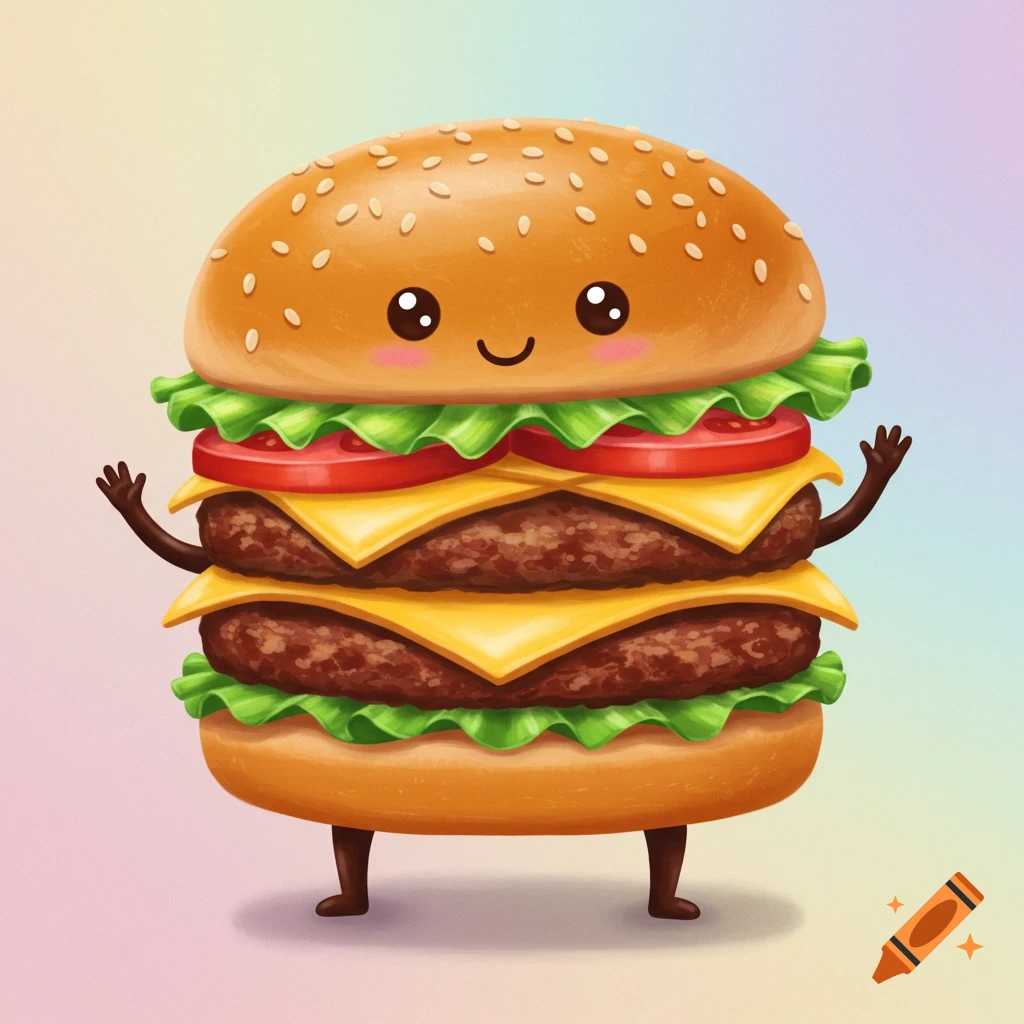 A cute cartoon burger with a happy face, two patties, cheese, lettuce, and tomato, standing with tiny arms and legs on a pastel background.