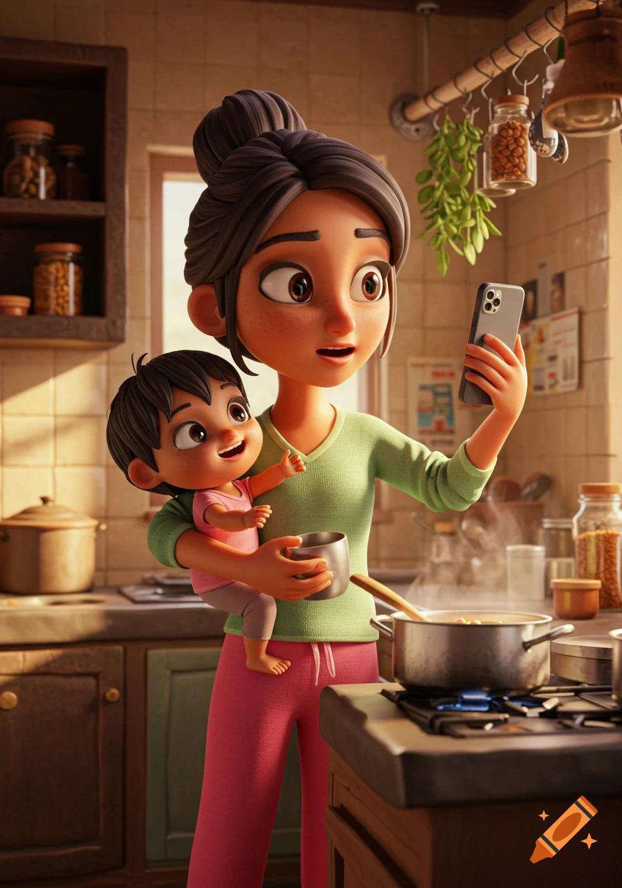An animated mother holds a baby in a kitchen, looking at her phone while cooking, in a Pixar style.