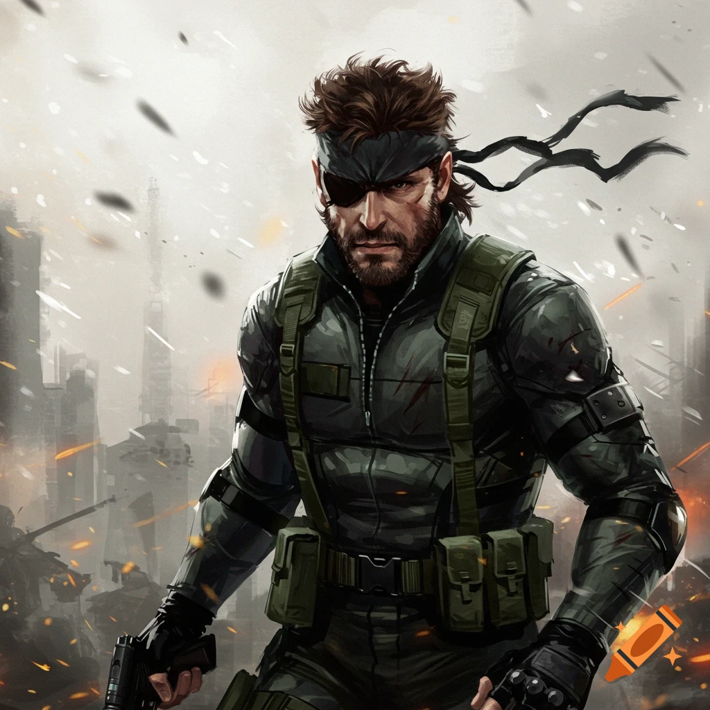 A one-eyed, bearded soldier resembling Solid Snake in military gear holds a pistol amidst a ruined city in an illustrative style.