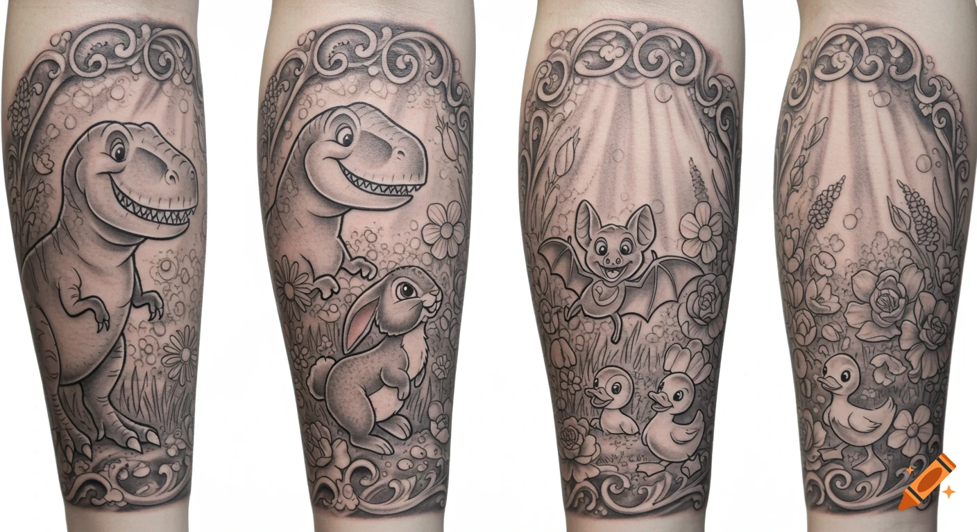 Detailed black and grey forearm tattoos featuring child-friendly cartoon animals including a T-Rex, bunny, bat, and ducklings in a whimsical garden setting.