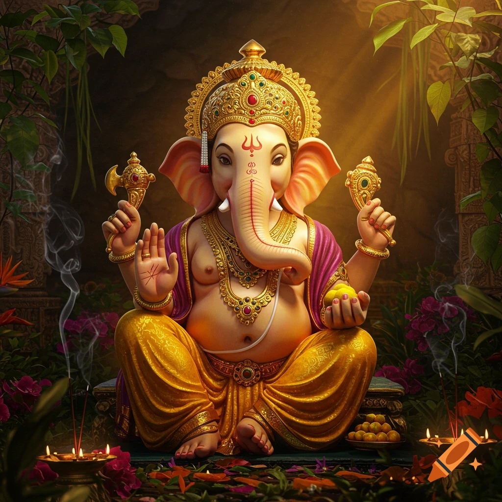 A detailed, photorealistic image of Ganesha seated in a lush, spiritual setting with incense, offerings, and light rays.