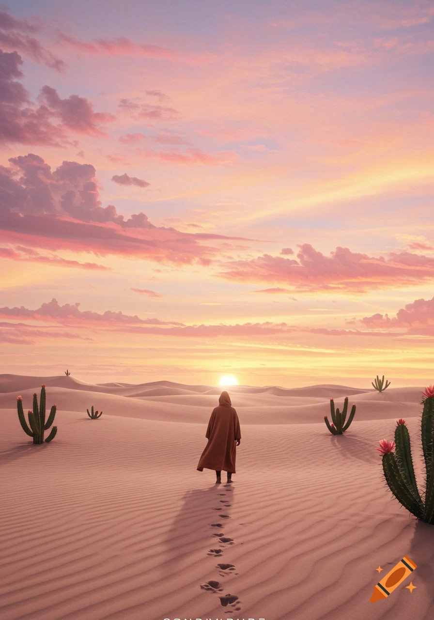 A lone figure in a brown robe walks across vast sand dunes towards a setting sun in a pink and orange sky, with cacti scattered around.