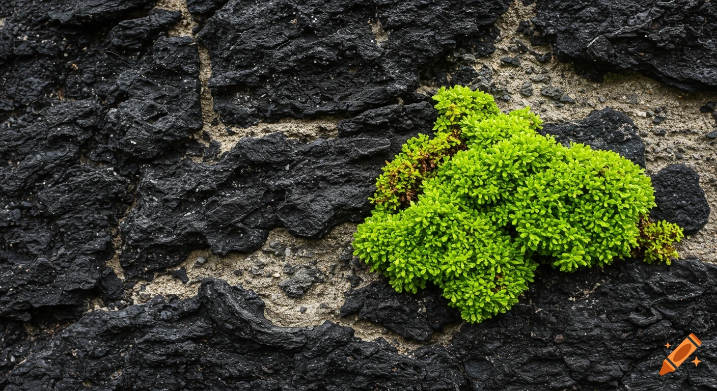 Bright green moss-like plant growing on rough black lava rock.